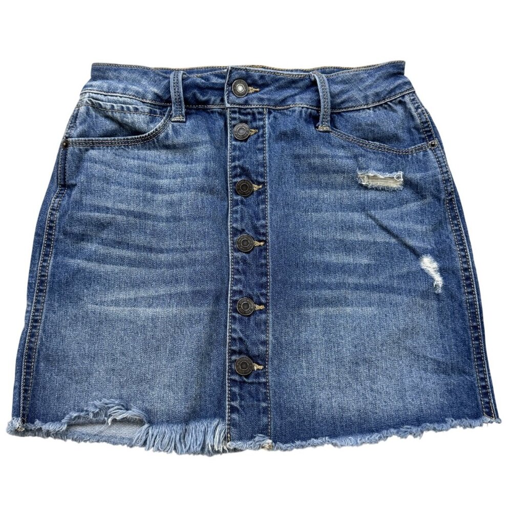 Mudd Womens Blue Distressed Denim Skirt Button Front FLX Stretch Raw Hem Size 1